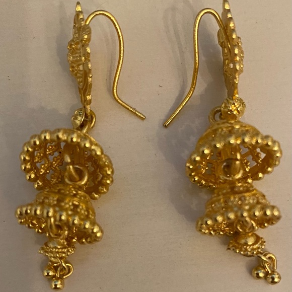Gold tone triple dangle earrings. Indian design. Worn 1x. 1 3/4 inches long - Picture 2 of 2